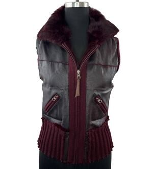 JUNE Reversible Burgundy Fur Leather Front Zip Sleeveless Collared Vest Pocket M
